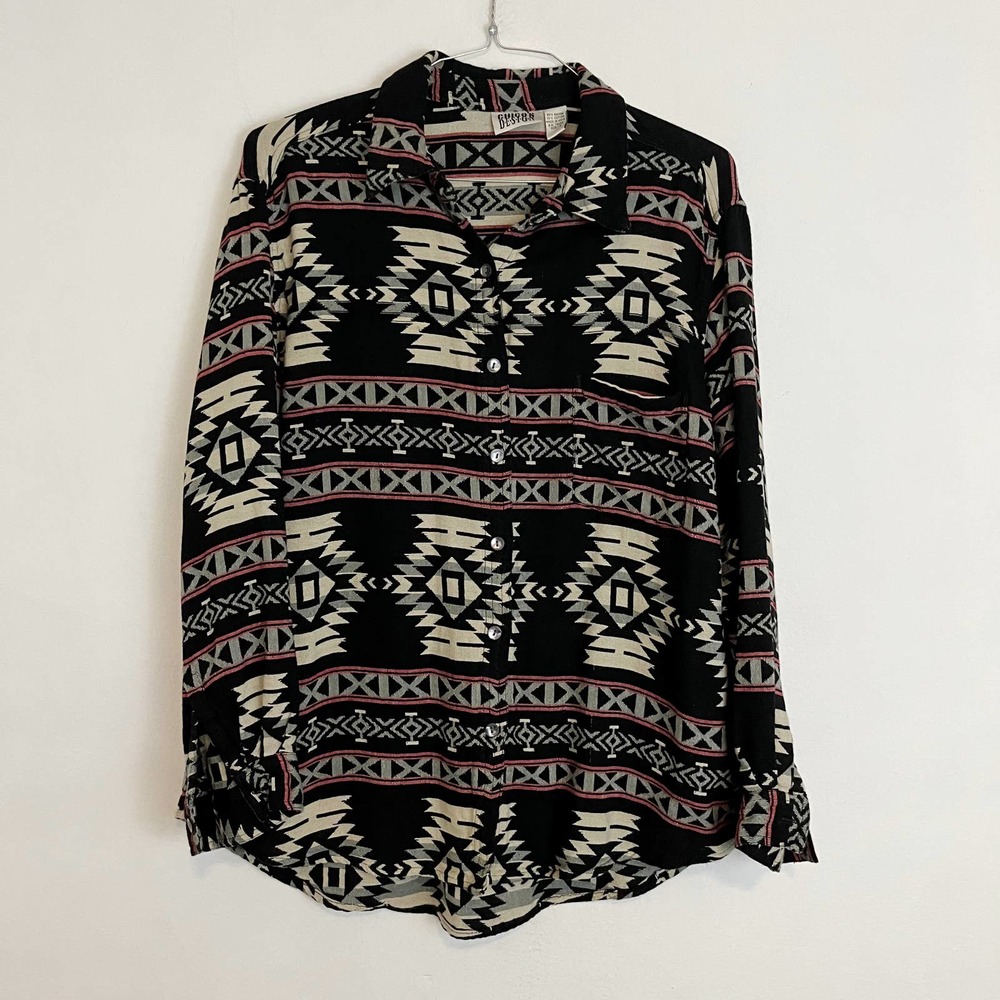 Chico's Black Cream and Pink Aztec Button-Down Shirt
